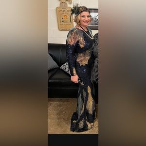 Long Sleeve Dress Formal Navy, Gold, Size Medium, Great Gatsby, 40s Theme